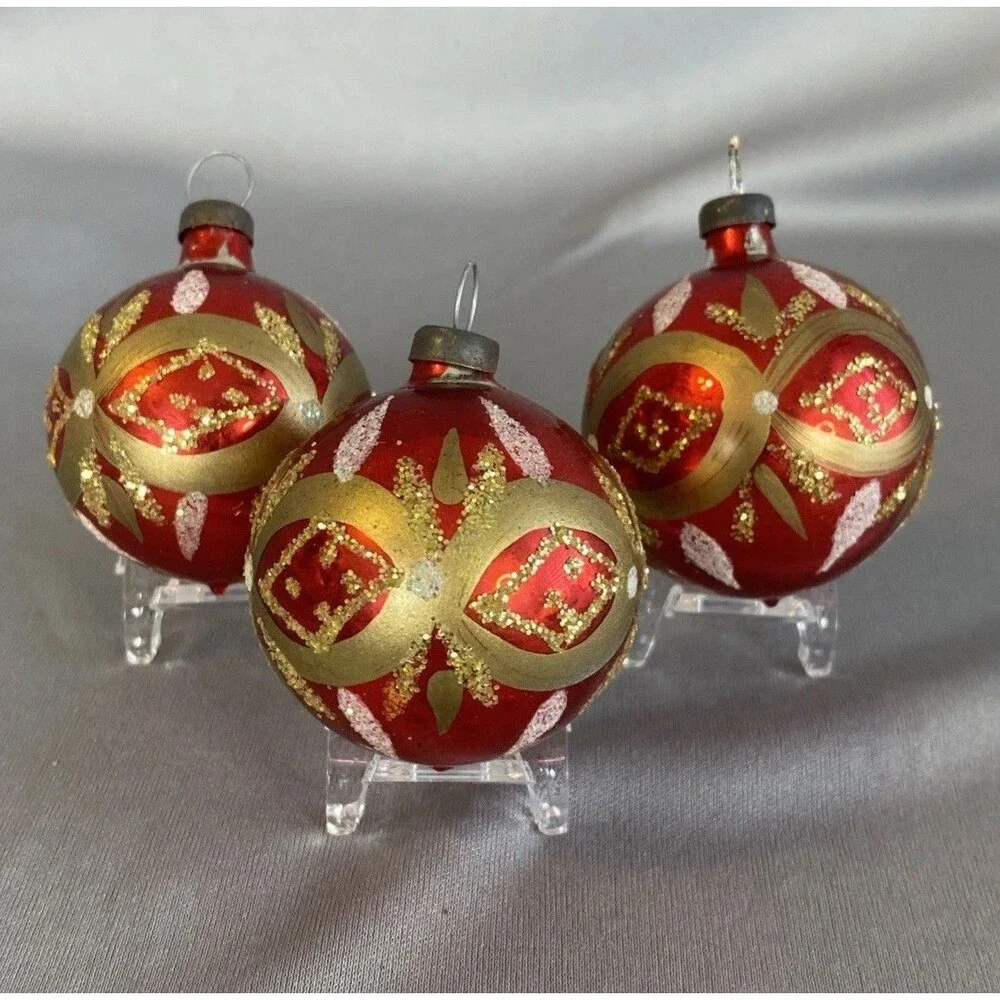 Vintage Christmas Red Gold Glass Ball Ornaments Hand Painted Glitter Holiday